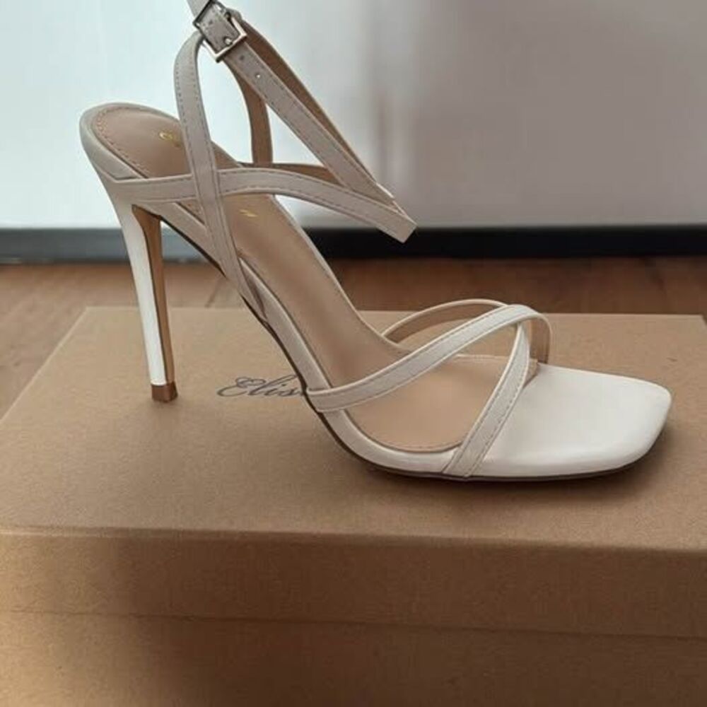 Elisabeth Tang White Strappy Stiletto Sandals Women’s 6.5 Square Toe 4” NEW